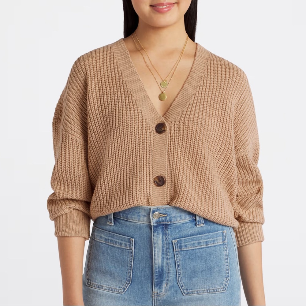 Beige V neck Cardigan With Buttons